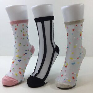 Set 3 Womens Colorful Sheer Polka Dot Stripe Crew Socks Black Pink Tan